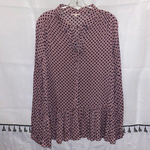 easel Womens Ruffle Pink Blouse With Black Dots Size Small